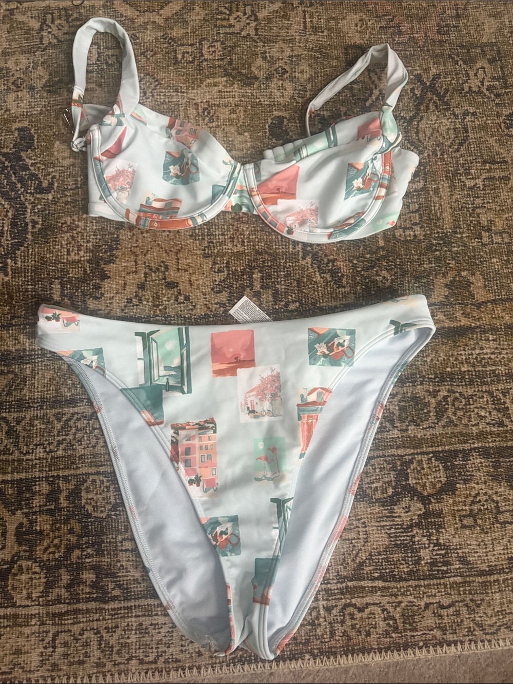 Abercrombie & Fitch Light Blue Bikini with Coral and Teal Print